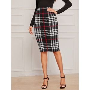 Plaid High Rise Pencil Skirt black white red